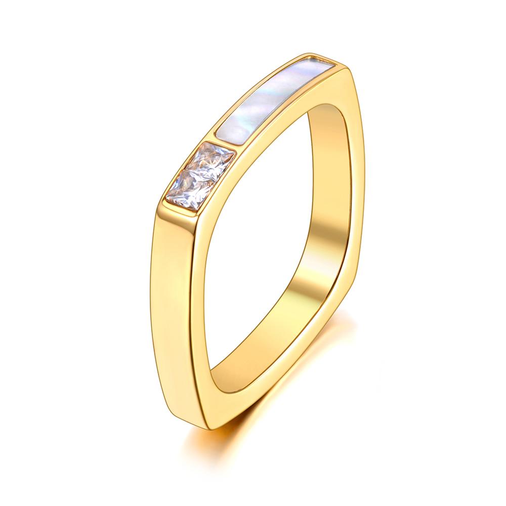 JeeMango Titanium Stainless Steel Geometric Square Cubic Zirconia Rings 18K Gold Plated Bohemia Shell Ring For Women R21028