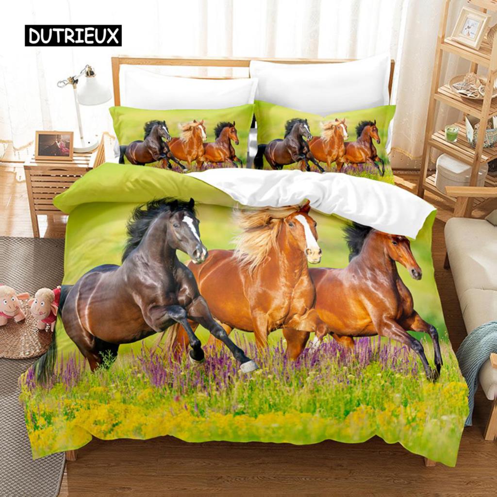

King Size Horse Duvet Cover Set Black White Brown 3D Printed Animal Polyester Quilt Cover for Adults Teens EU single(135x200cm)
