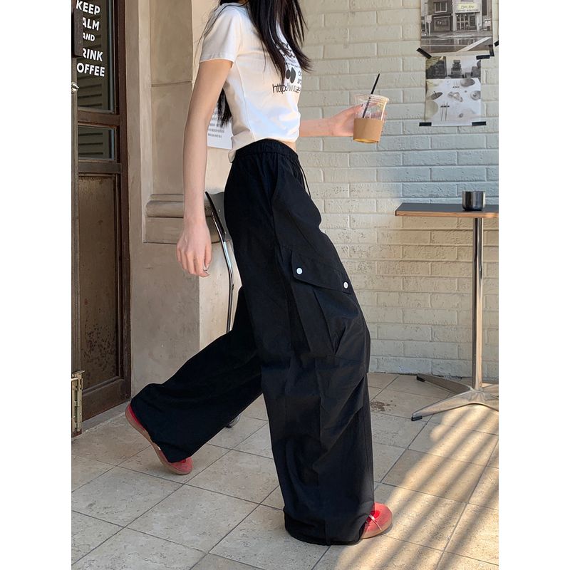 Kumikumi American Retro Pure Color Drawstring Draped Casual Pants Cargo Pants Female Autumn Slimming All-Match Wide Leg Pants