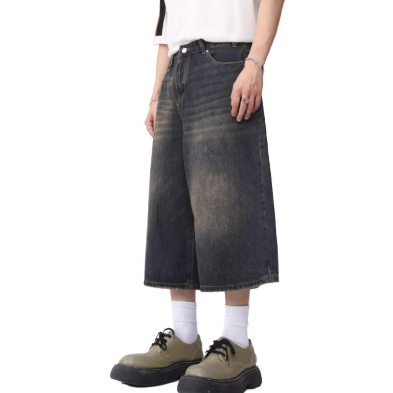 Nicchia Tutto abbinabile Pantaloncini da uomo americani Pantaloncini di jeans blu retrò consumati Larghi Dritti A gamba larga Pantaloni sette spacchi Pantaloni medi