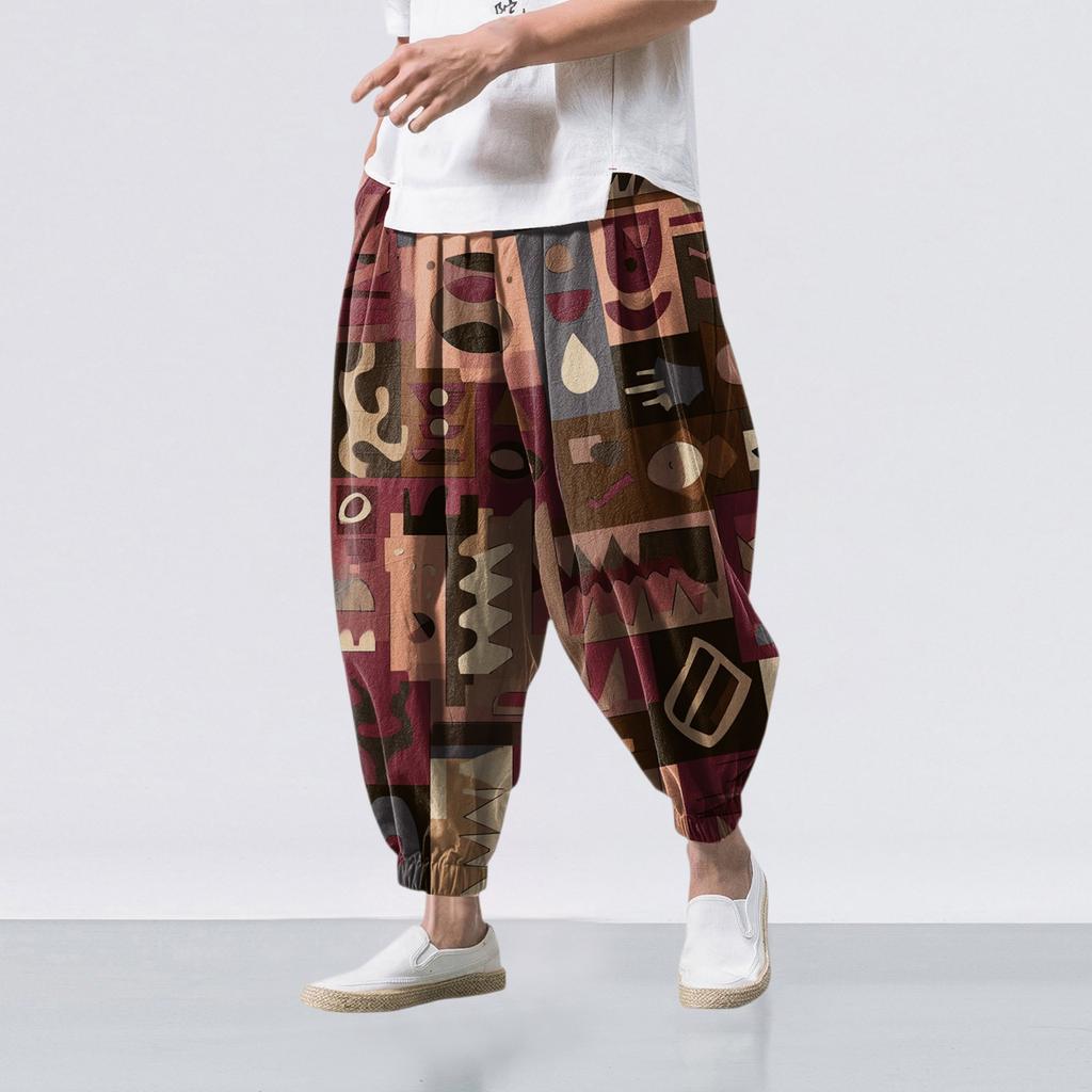 Ethnic Style Print - Casual Wide-leg Pants, Men's Loose Casual Pants
