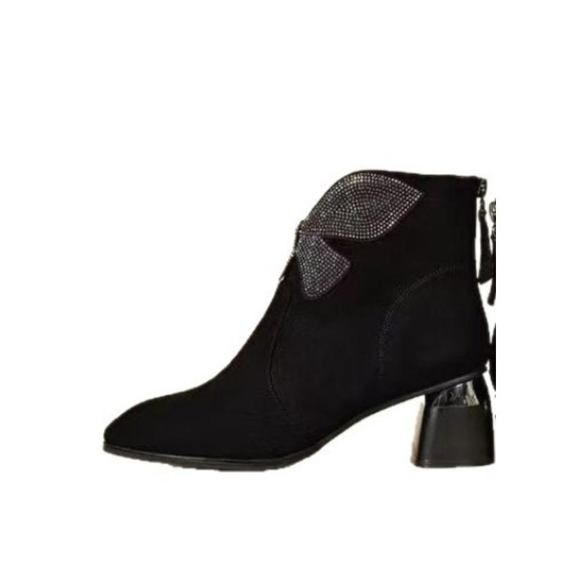 Spetsiga Skor med Tjocka Klackar, Korta Stövlar, Damers Vadderade Lågklackade Mångsidiga Skor