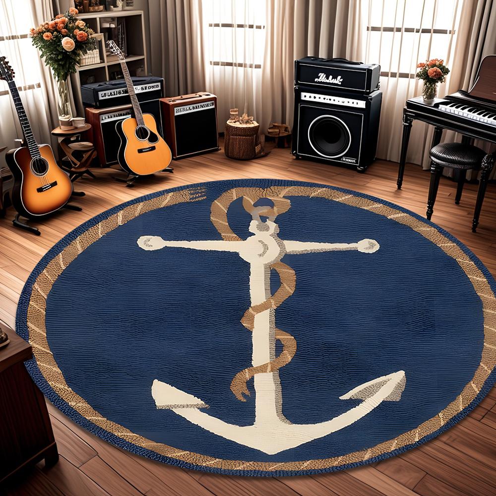 Nautical Anchor Round Rug Rope Border Coastal Modern Home Decor Circle Carpet Soft Non-Slip Floor Mat for Living Room Bedroom