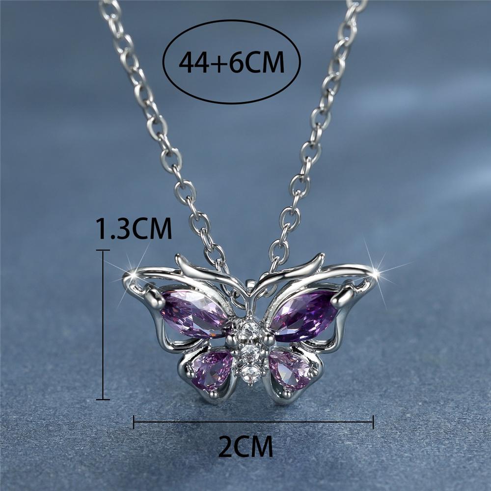 Female Crystal Zircon Purple Stone Butterfly Pendant Necklace Vintage Silver Color Wedding  For Women