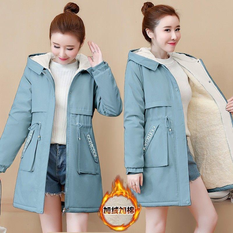 Hooded trench coat medium and long spring and autumn new winter velvet thickened cotton-padded coat cotton-padded jacket women's fashion trend
