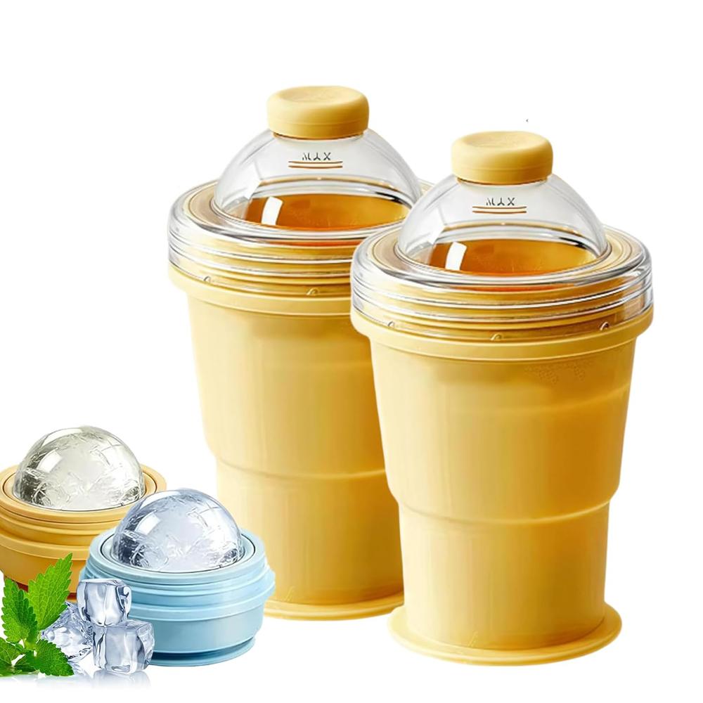 Folding Ice Cube Cup, 2-In-1 Collapsible Ice Ball Cup With Straw & Lid, Foldable Silicone Ice Cube Tray & Travel Cup, for Coffee