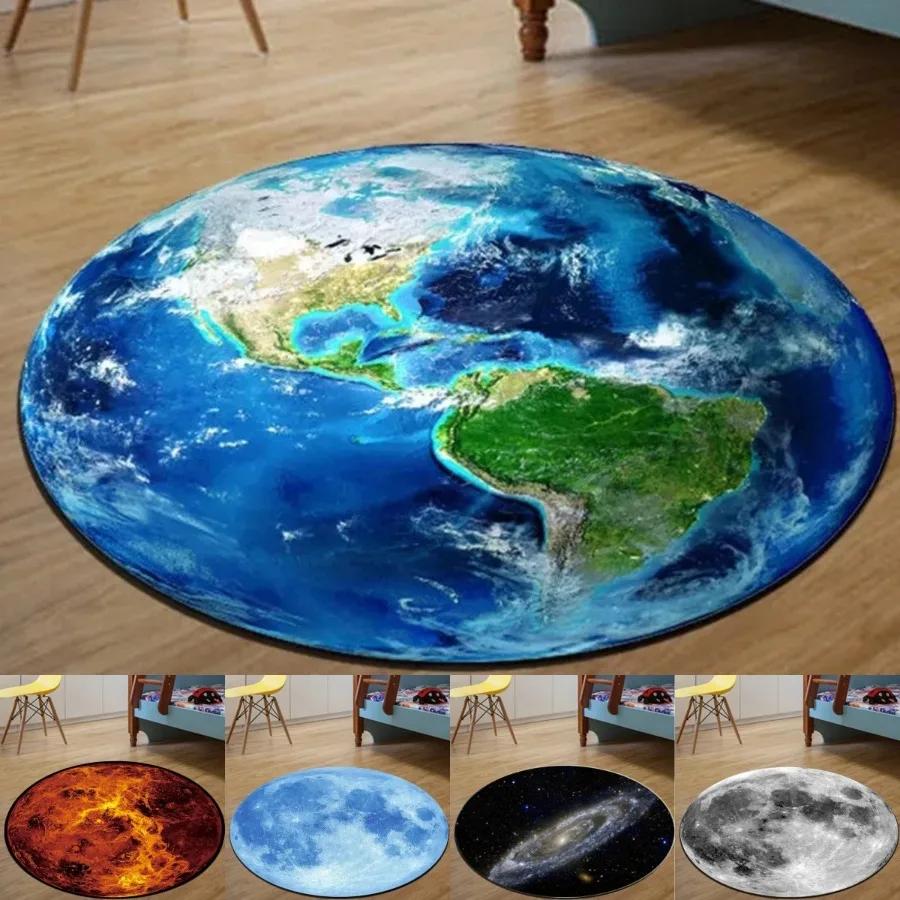 Celestial Round Floor Mat Featuring Earth Moon and Mars Anti-Slip Carpet for Bedroom Computer Chair Unique Rug for Home Decor