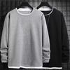 Men O-Neck Waffle Sweatshirt Fake Two-Piece Long Sleeve T-shirt Casual Loose Pullover for Spring Autumn Daily Wear Street