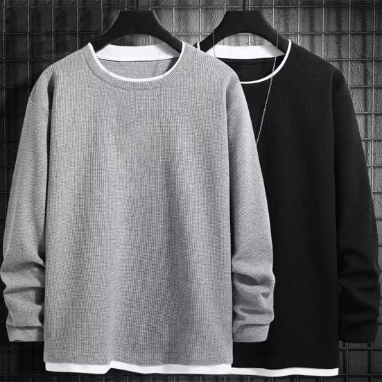 Men O-Neck Waffle Sweatshirt Fake Two-Piece Long Sleeve T-shirt Casual Loose Pullover for Spring Autumn Daily Wear Street