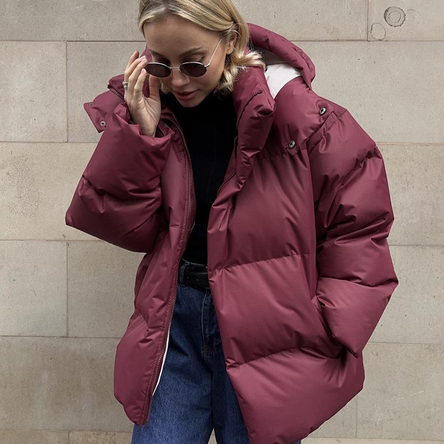 Women's Hooded Puffer Jacket Winter Padded Warm Coat Thicken Outerwear Stand Collar Oversized Long Sleeve Full Zip Quilted Puffer Coats for Women