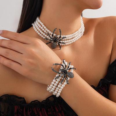 Gothic Spider Pearl Choker Set: Multi-Layer Beaded Clavicle Chain In Dark Style