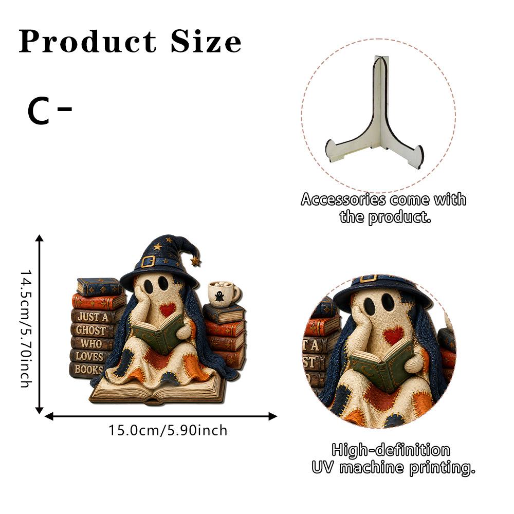 Halloween Ghost Figurine Reading Book, Wooden Decorative Piece, Pleasant Afternoon Tea Scene Atmosphere, Home Decoration Item