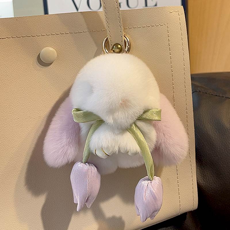 Real Rex Rabbit Hair Rabbit Tulip Keychain Pendant Cute Dead Rabbit Plush Doll Bag Pendant Gift