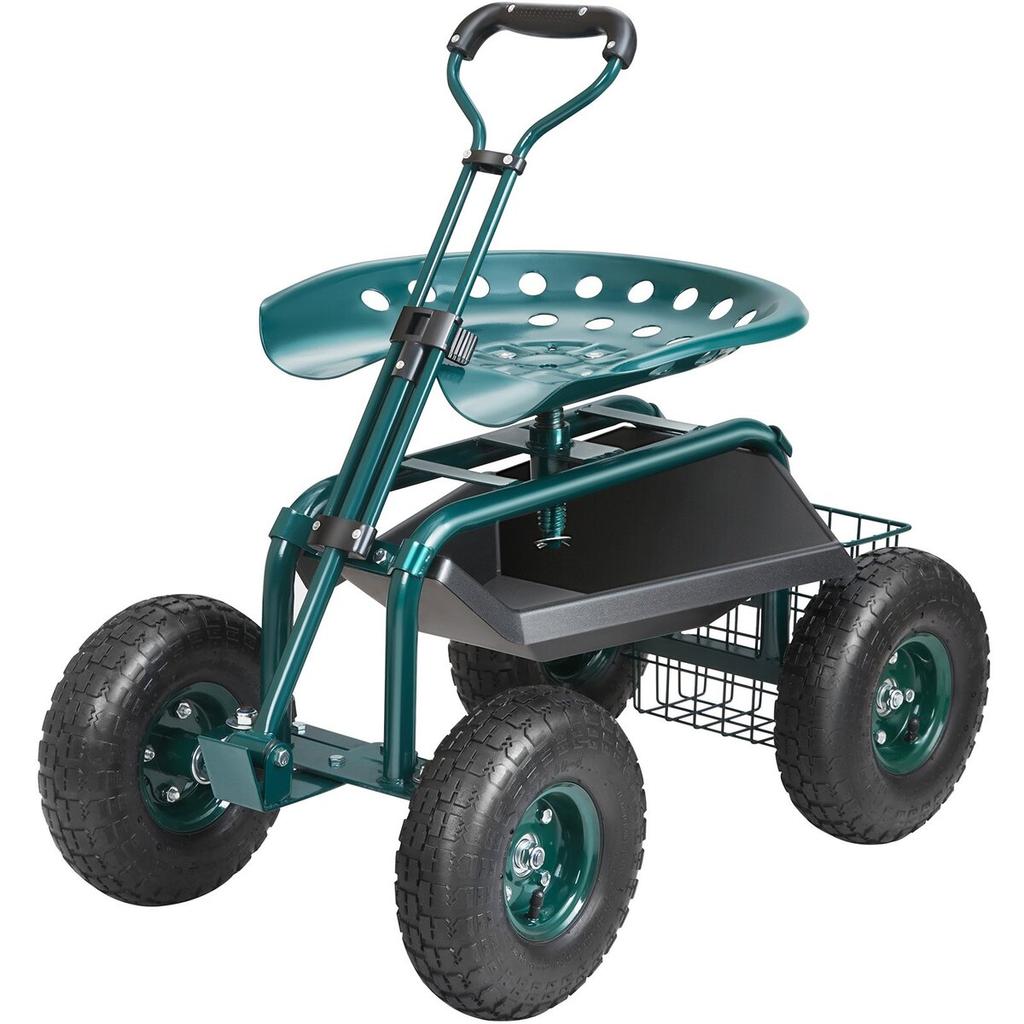 Garden Cart Rolling Workseat with Wheels, Gardening Stool for Planting, 360 Degree Swivel Seat, Wagon Scooter with Steering Handle & Utility Tool