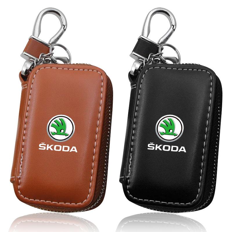 1Pcs Leather Emblem Car Key Case Keychain Zipper Key Case Bag for Skoda SCALA Superb Octavia 2 3 A4 A5 Fabia Kamiq Kapoq Kodiaq Rapid