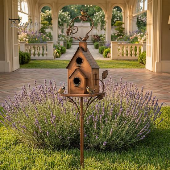 Garden Decoration Stake Metal Bird House Stakes, Feeder Decor, Weatherproof Patio Lawn Ornament Iron Art Decor for Outdoor Yard Flower Bed Perch