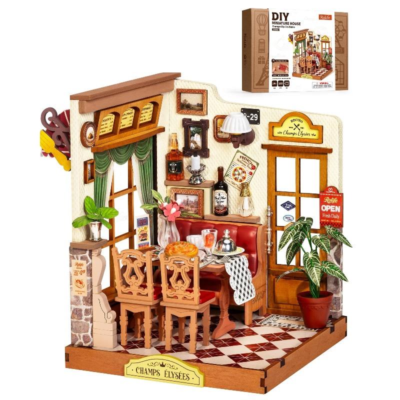 Rolife DIY Miniature House Kit Champs-Élysées Bistro Mini Dollhouse Model Building Kit Wooden 3D Puzzle Toys with LED Light for Home Decor Gift for