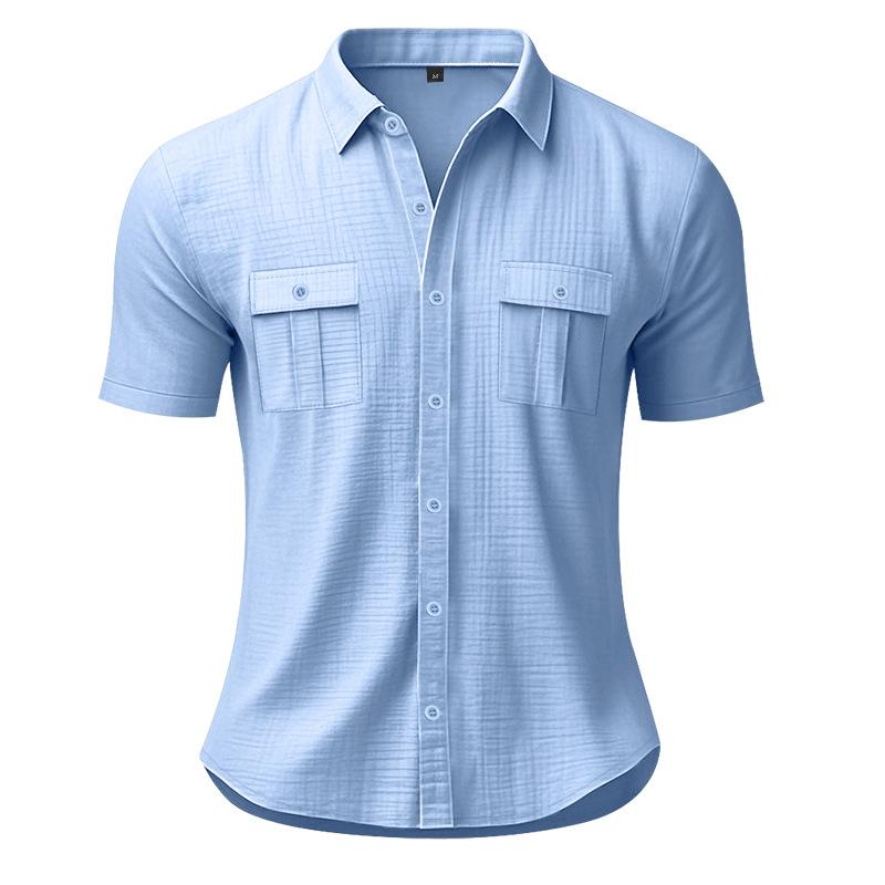 Summer men's linen shirt solid color pocket loose lapel casual cardigan short-sleeved t-shirt