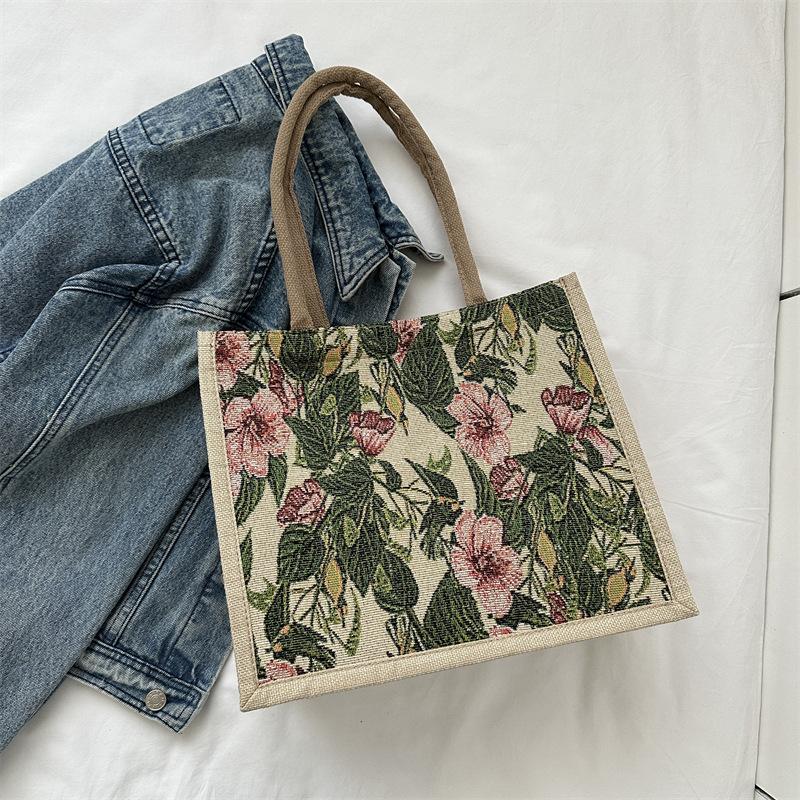 1Pc Large Capacity Linen Flower Printing Handbag Women Fashion Commuter Shoulder Bags Tote Bag