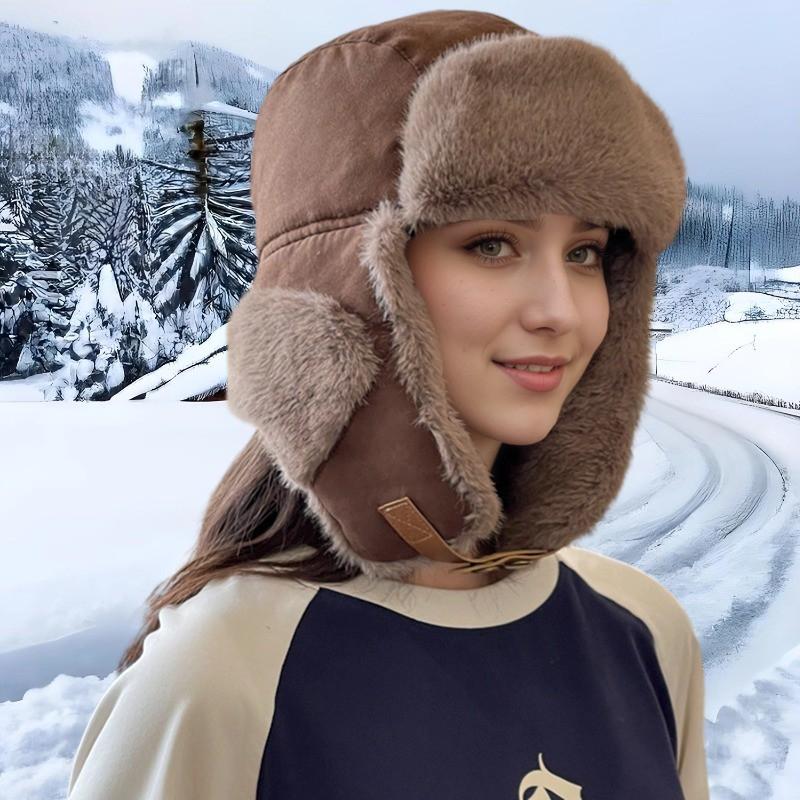 Womens Winter Fleece-Lined Suede Velvet Beanie Hat With Ear Protection Windproof Warm Cycling Skiing