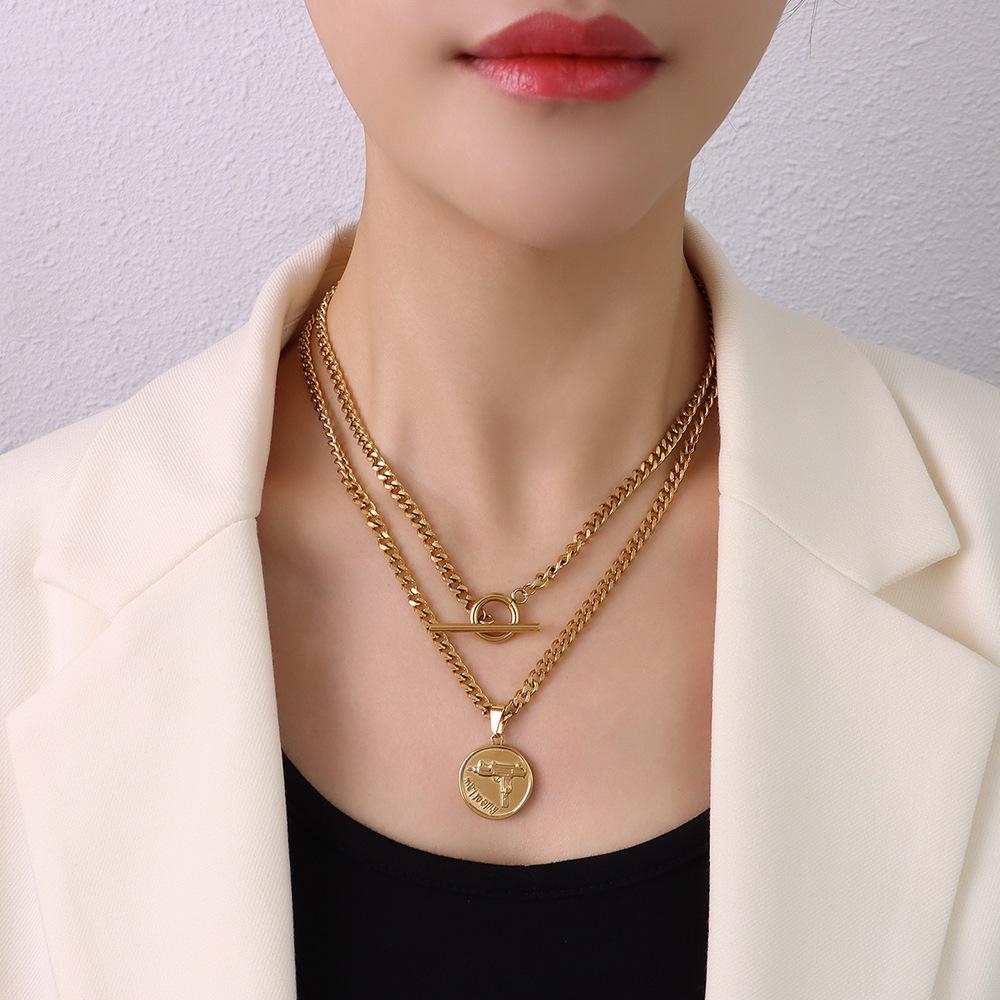 Brand European Style Double Layer Necklace: 18k Gold, Thick Chain, OT Buckle, Round & Gun Shape Pendants, Titanium Steel.