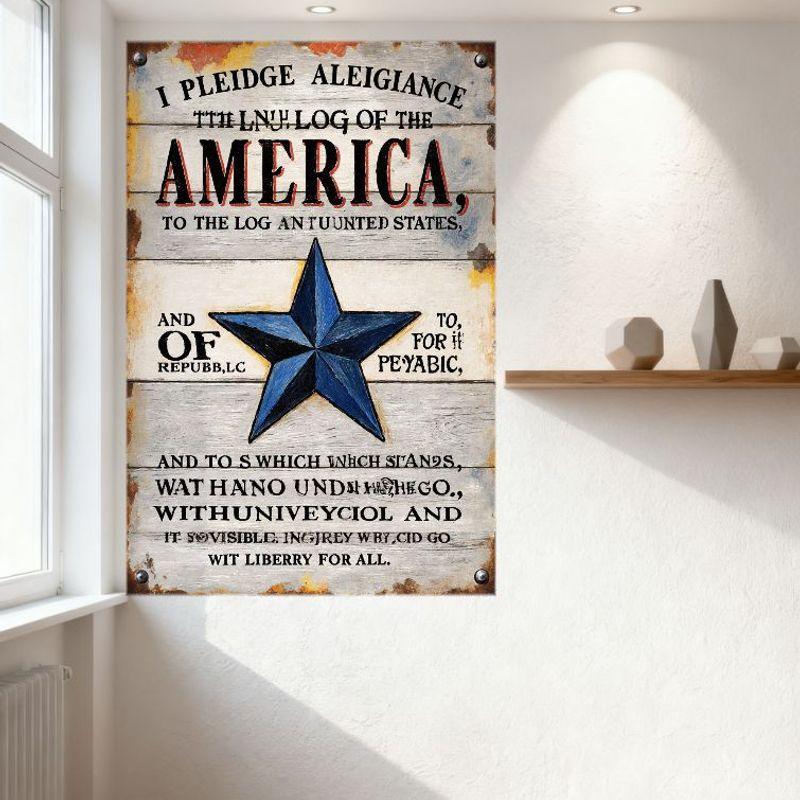 Vintage Distressed Wooden Plank American Flag Pledge Parody Metal Tin Sign, Humorous Misspelled Pledge of Allegiance Wall Decor