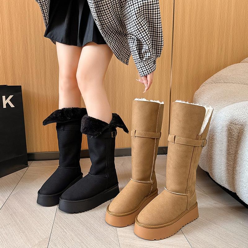 Damskie Lekkie Grube Podeszwy Klamra Paska Zimowe Ciepłe Futro Integralne Śniegowce Pluszowa Podszewka Antypoślizgowe Casualowe Sportowe Długie Bawełniane Kozaki