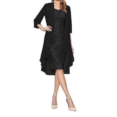 Spitze Chiffon Pendler Midi-Rock & Slim Kleid Zweiteiler
