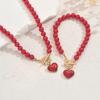2pcs Set Personality Charm Geometric Red Heart-shaped Pendant Imitation Pearl Chain OT Clasp Necklace Bracelet for Women Jewelry