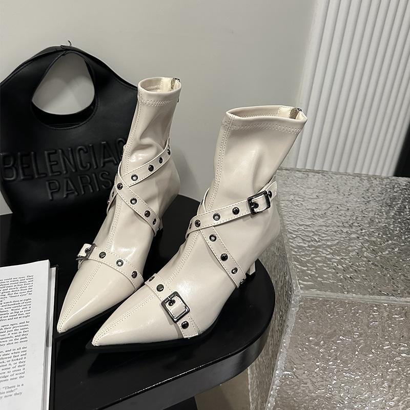 Rivet thin heel locomotive short boots thin boots women's autumn and winter new belt buckle high heel boots punk style boots