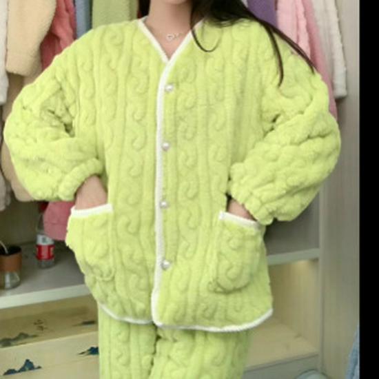 2024 Spring & Autumn Coral Fleece Pajama Set: 3D Jacquard Flannel Long Sleeve Cardigan Homewear