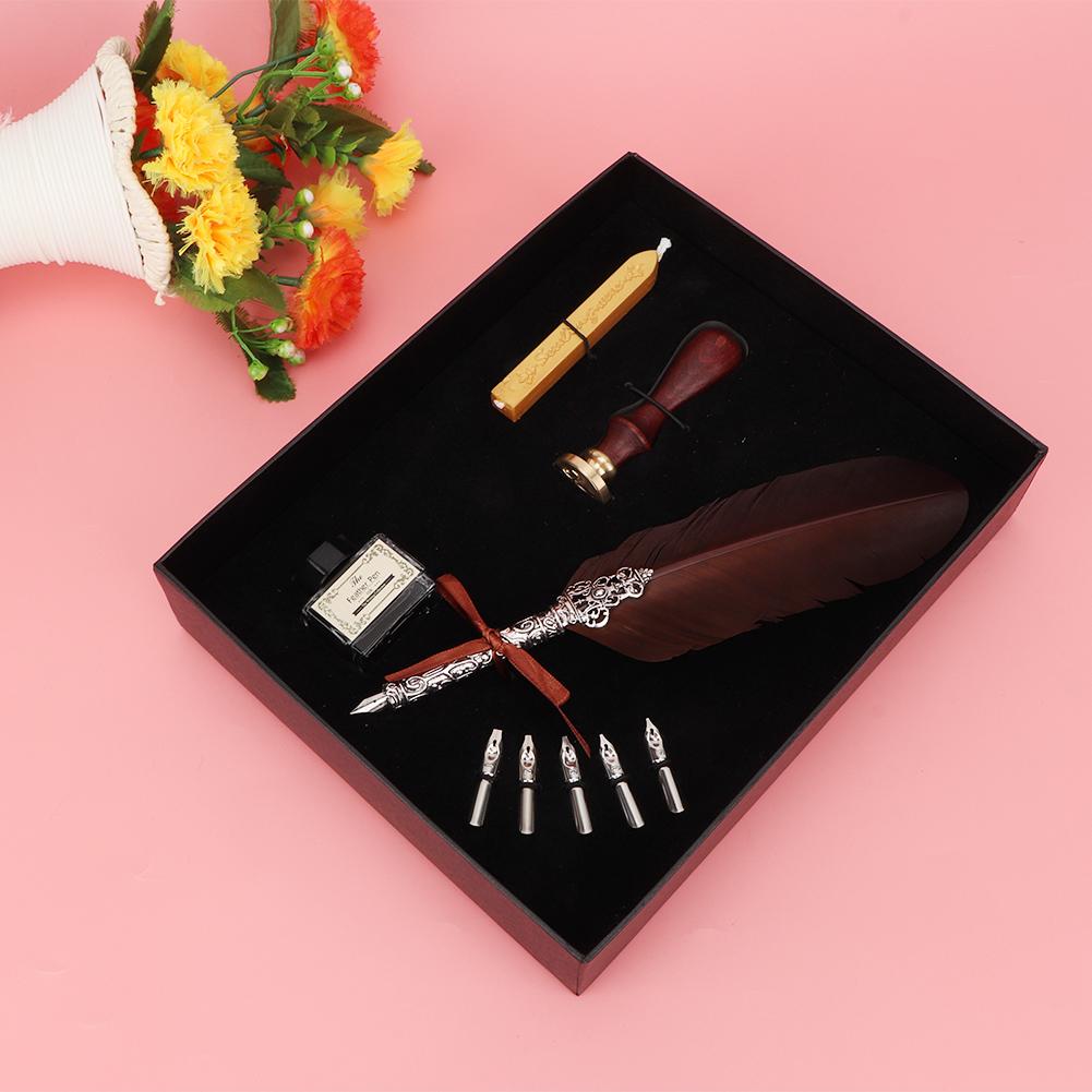 Vintage Feather Dip Pen Writing Calligraphy Quill Pen Set in Gift Box (Brown)