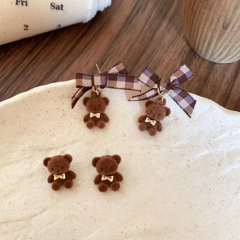 Checkered Bow Plush Bear Earrings New American College Style Coffee Colored High-End Unique Earrings Cute Plush Gril Earrings
