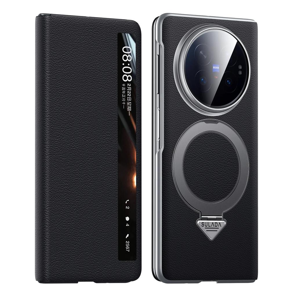 Original Luxury Genuine Leather Magnetic Case For Vivo X Fold6/Fold5/ Fold 6 5 Metal Ring Holder Bracket Window View Flip Cover
