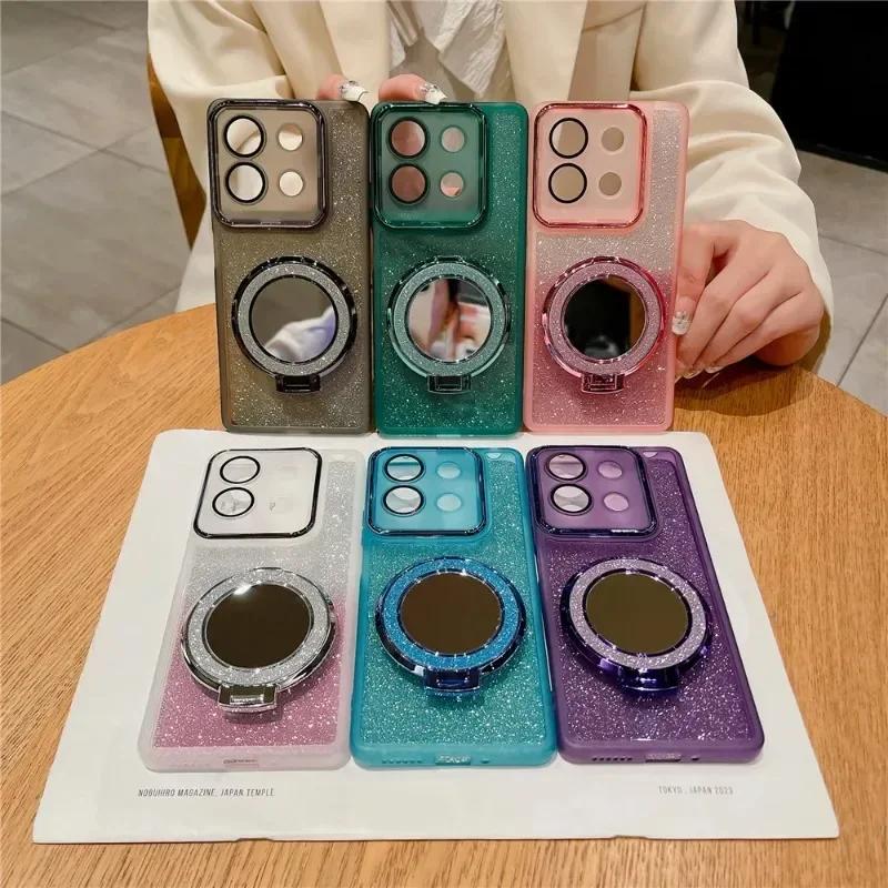Lens Protection Film Glitter Silicone Soft Case for Oneplus 13R 1+13R Magnetic Mirrow Holder TPU Phone Bumper for One Plus ACE 5 Pro ACE5Pro 13