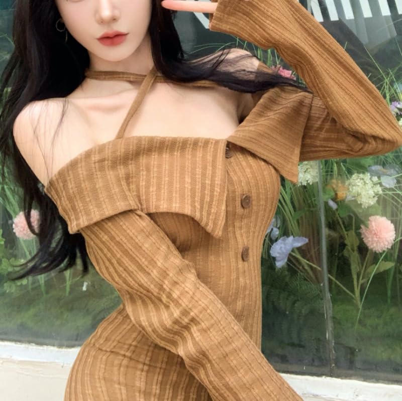 Coco Yuka Tight Ribbed Knit Sexy Mini Long Cute Size & Off-the-Shoulder Dress, Off-the-Shoulder, Sleeves, Women's, Casual, Fall/Winter,