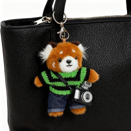 Cartoon Red Panda Plush Keychain Stuffed Red Panda Wearing Sweater Bag Charm with Mini Camera for Backpack Handbag Car Key Accessories