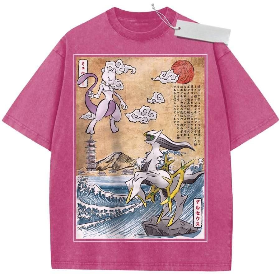 T Shirt Sports T Shirt Short Sleeve T Shirt Multi Color Unisex Pure Cotton Washed Vintage Pokemon Mewtwo and Arceus Japanese