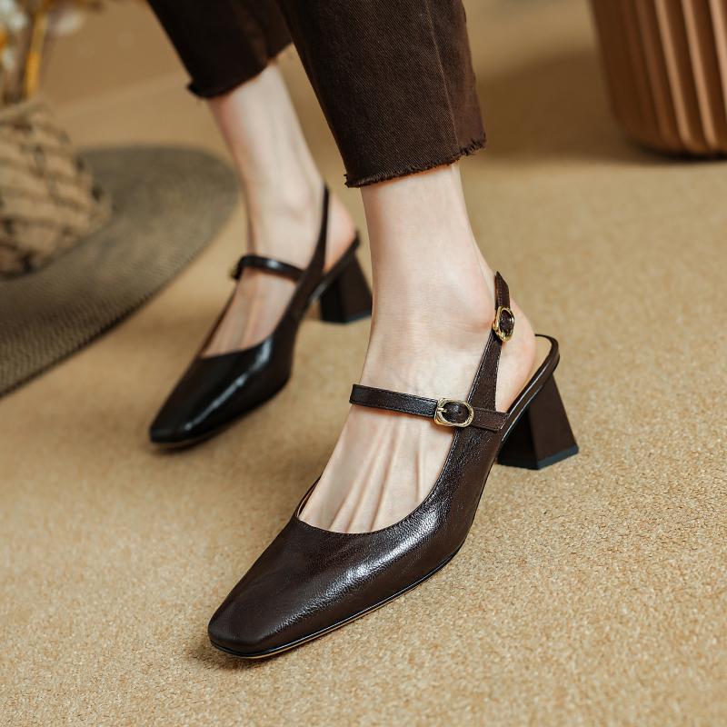 Summer Women Sandals Genuine Leather Shoes for Women Cover Toe Chunky Heel Shoes Square Toe Slingback Sandals Gladiator Shoes