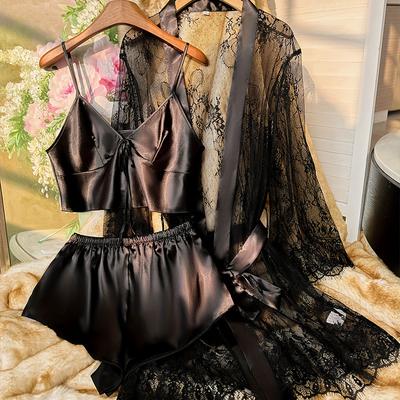 Nuovo Sexy Abbigliamento da Casa, Pigiami Sottili Allacciati al Collo, Pantaloni da Pigiama, Accappatoio da Donna in Pizzo e Set Due Pezzi Accappatoio