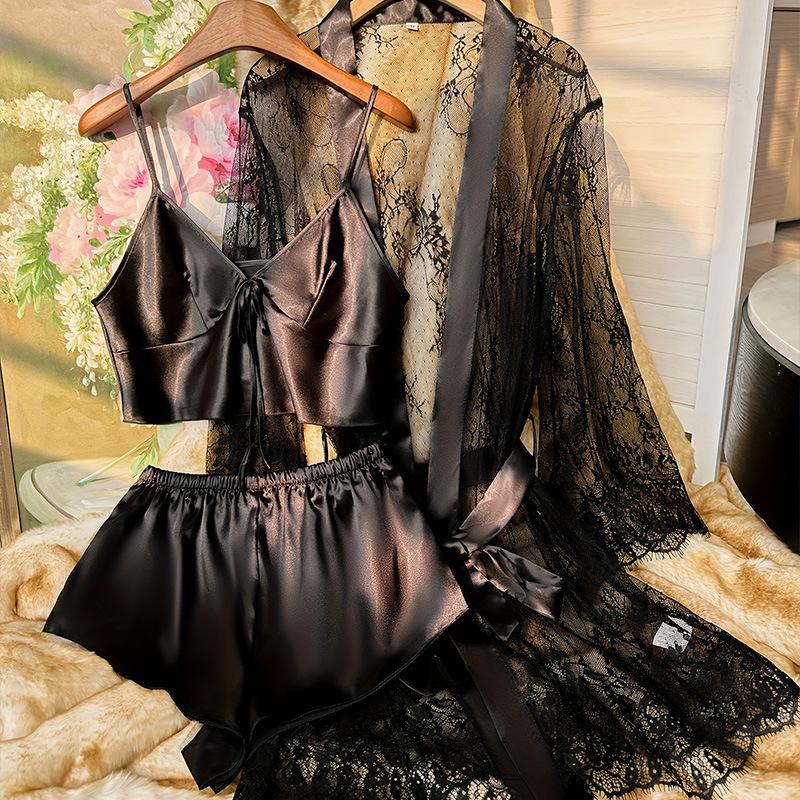 

Новая Сексуальная Домашняя Одежда, Тонкая Пижама-Халтер, Пижамные Штаны, Кружевной Женский Халат и Набор из Двух Предметов M чёрный