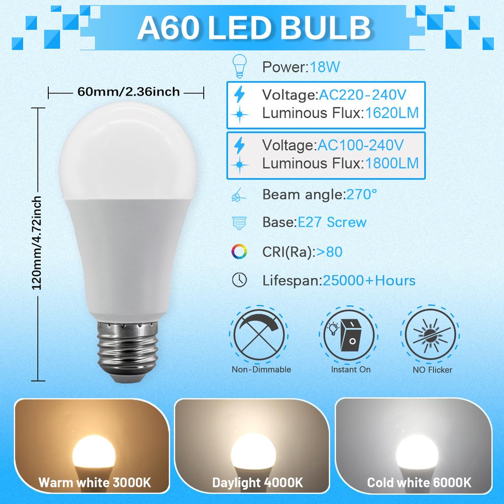 A60 A80 LED Bulb Lamps 8W 9W 10W 12W 15W 18W 20W 24W  Light Bulbs AC 220V 110V E27 Daylight Lighting for Home Foyer Room Decor
