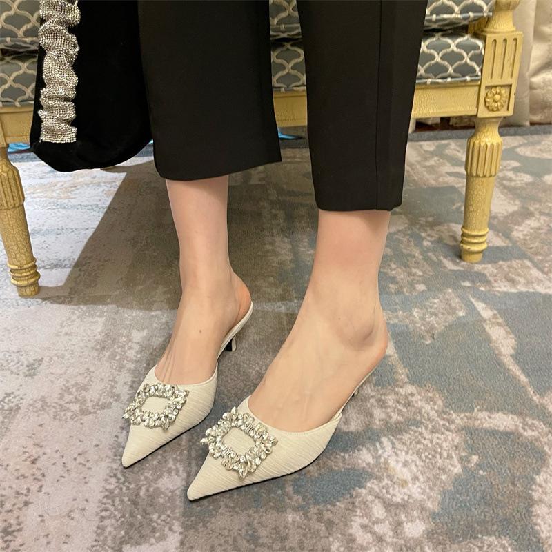 Spring and summer square buckle rhinestone bag head, empty cool slippers, pointed thin heels, high heels, single shoes, half slippers