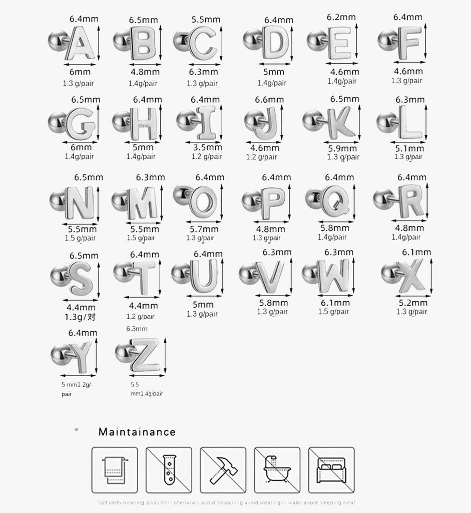 Rockyu Earrings for Pure Silver 1 Pair Alphabet 925 Women, Popular, Hypoallergenic, Initial, Earrings, Earrings, Silver, Simple, Screw-on (A,Silver)