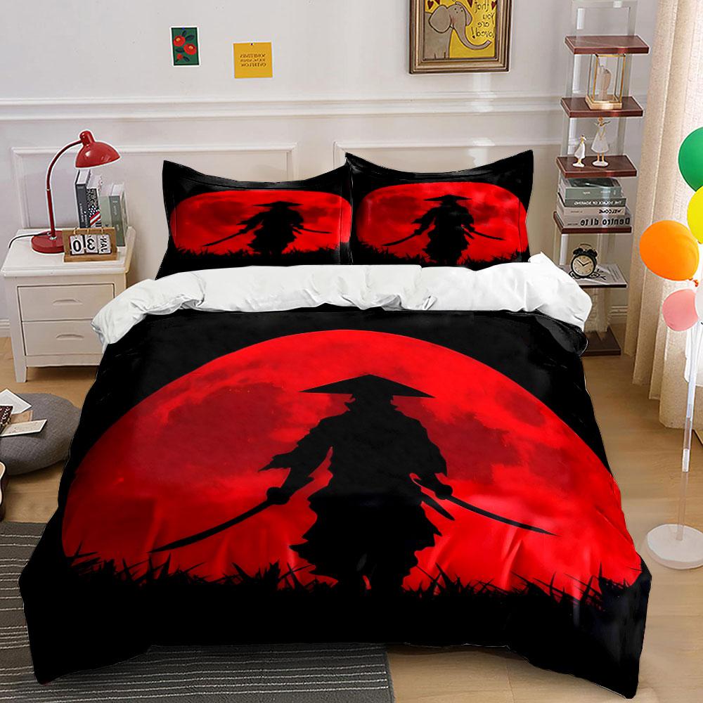 Samurai Silhouette with Red Moon Pattern Duvet Cover Set Digital Print Colorful Polyester Bedding with Zipper Closur for gifts 135x200cm