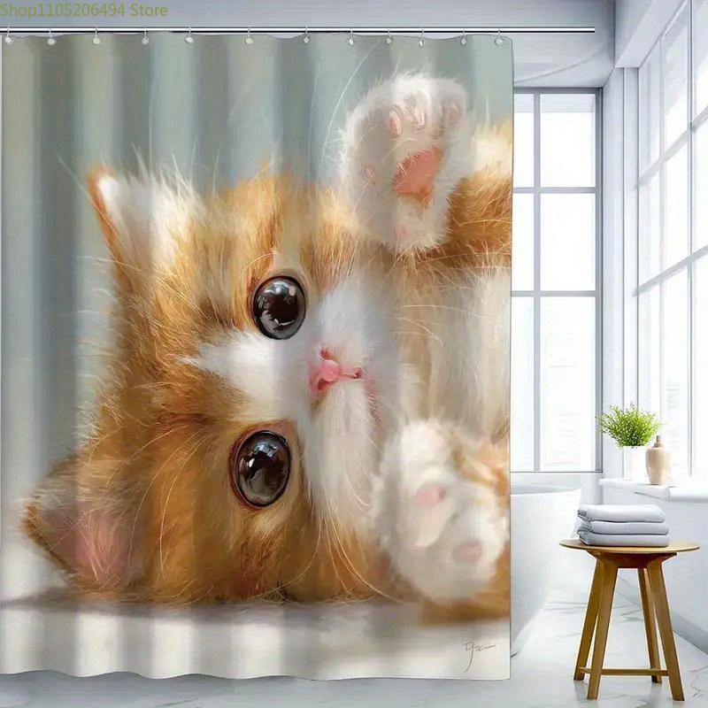 Cute Orange Kitten Shower Curtain Waterproof Easy To Clean Privacy Protection Print Realistic Cat Art Design Adorable Quicksetup