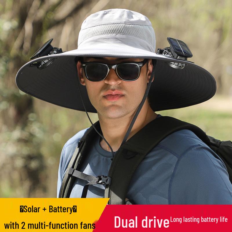 Men's Summer Outdoor Cooling Fan Hat - High Wind Power Sun Protection for Hiking, Fishing, and Mountaineering. Lightweight Fisherman Style.