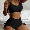 Nouveau maillot de bain bikini couleur unie européen et américain pour femme sexy petite poitrine push-up taille haute angle plat cordon de serrage fendu conservateur