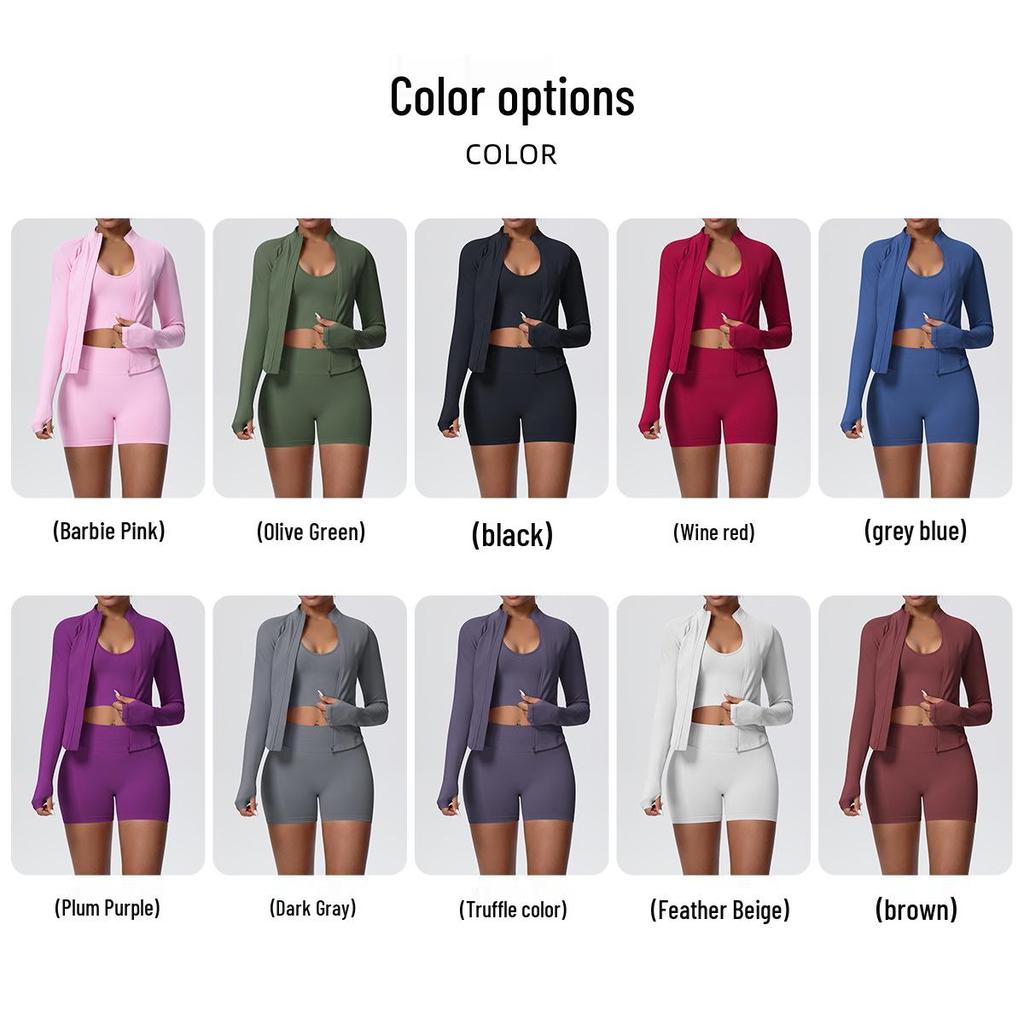 Women's European & American Sports Casual Three-Piece Set: Knitted Long Sleeve Zipper Jacket, Sports Vest, & Shorts Fitness Wear.