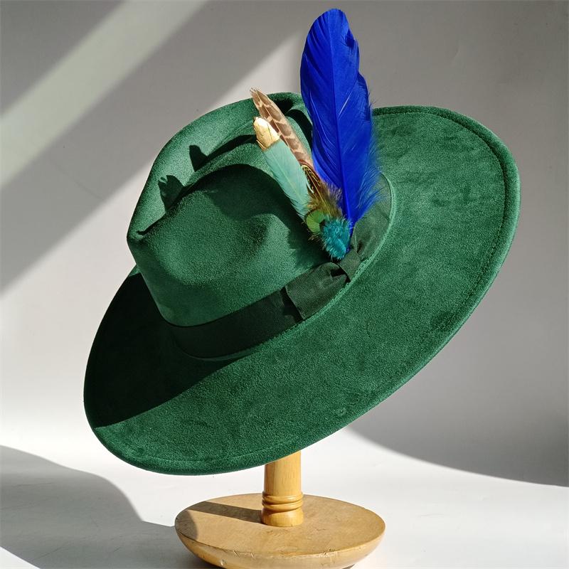 Purple Feathers Suede Top Hat 9.5Cm Wide Brim Fedora Hat Men Women Autumn Winter Felt Jazz Hats Classic Church Fedoras Sombrero